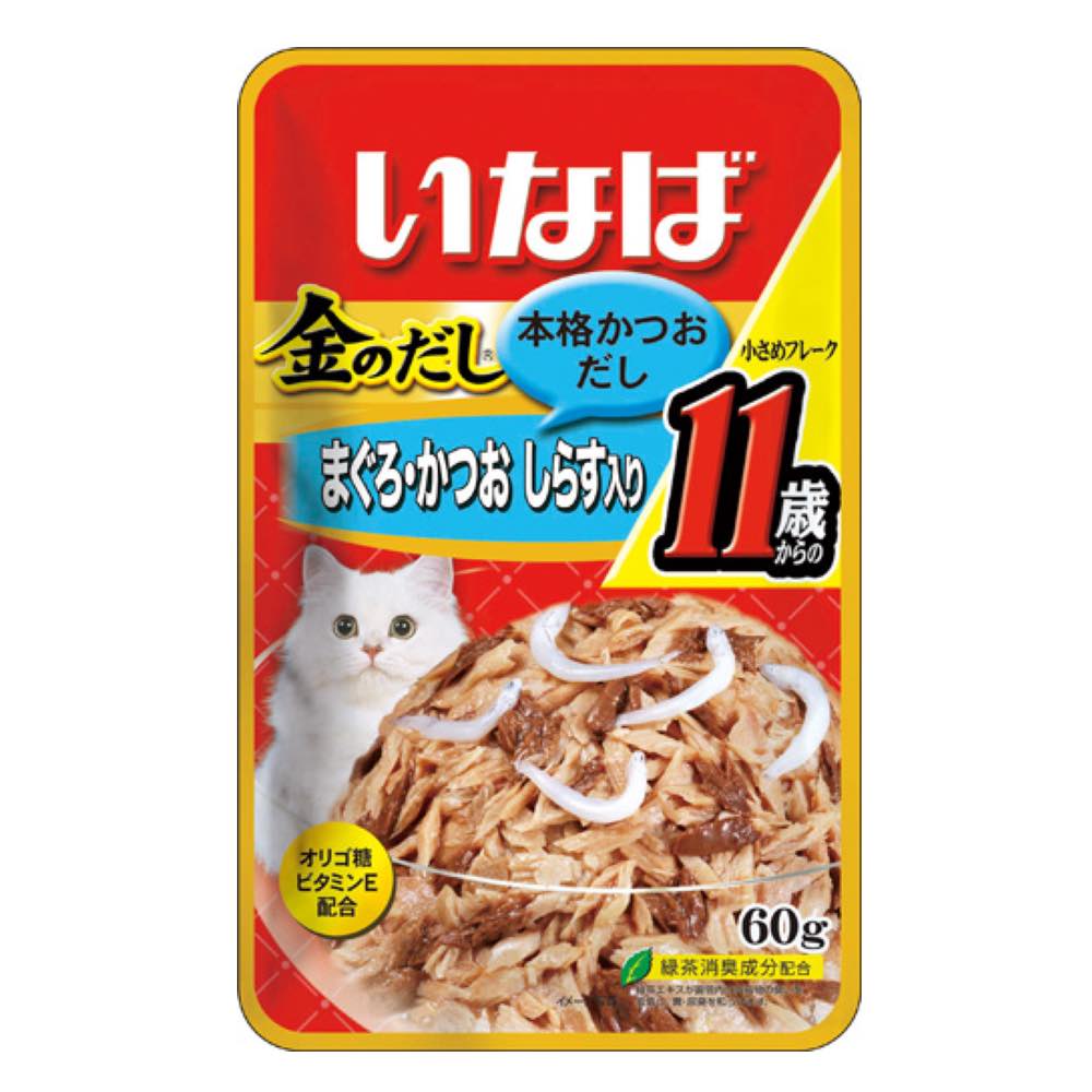 10% OFF: Ciao Golden Stock Small Tuna Flakes With Whitebait For Mature Cat 11+ Pouch Cat Food 60g x 12