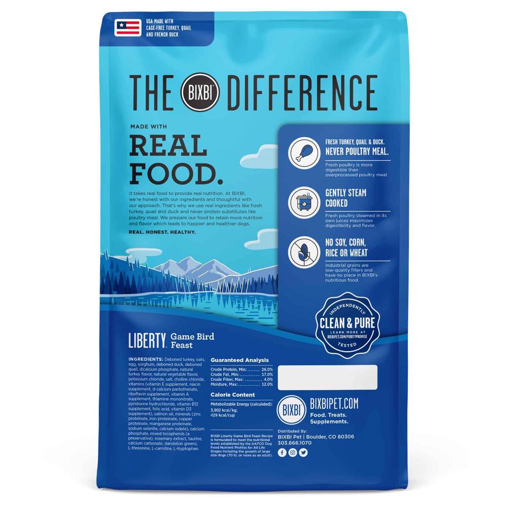 "Bixbi Liberty Game Bird Feast (Turkey, Quail & Duck) Limited Ingredient Ancient Grain Dry Dog Food"